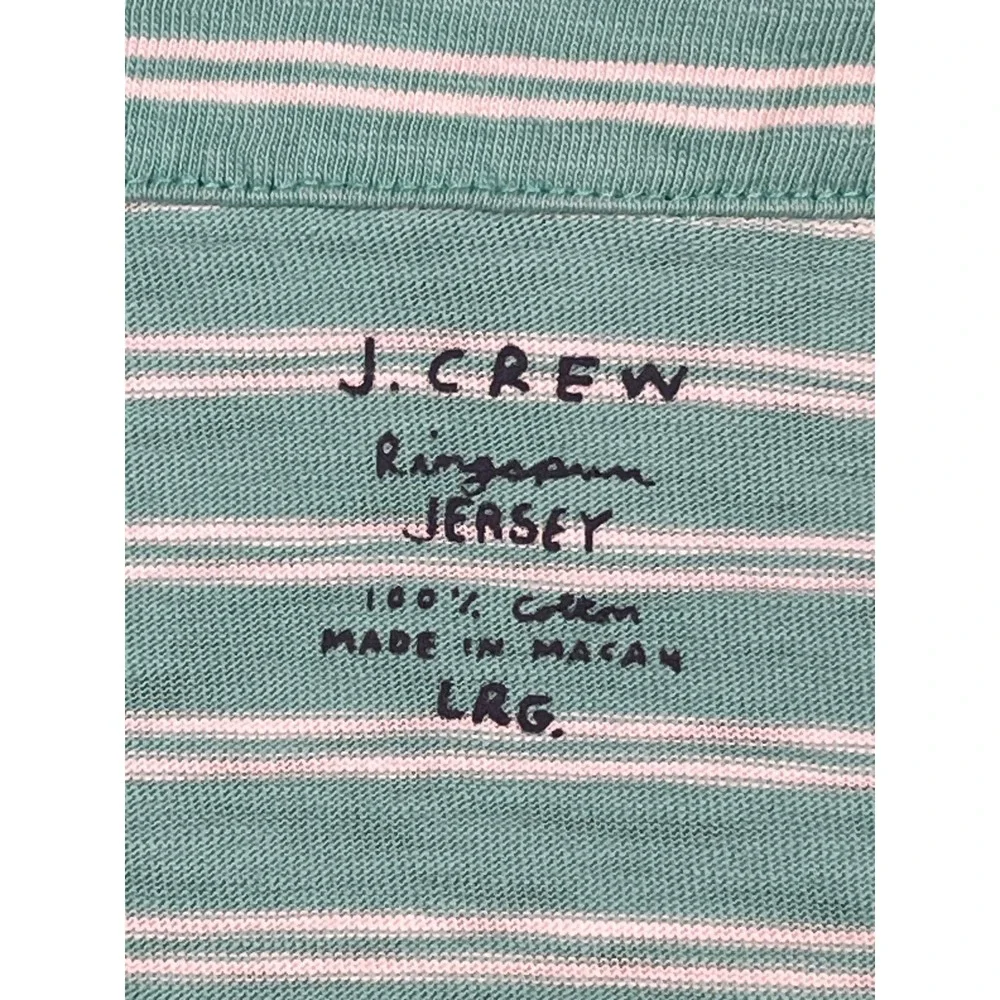J. Crew Mens Large‎ Polo Shirt Green White Striped Short Sleeve Ring Spun Jersey